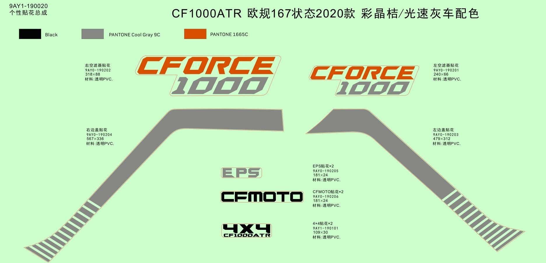 KIT DE DECORATION 2020 CRYSTAL ORANGEGHOST GREY POUR CFORCE 1000 T3 EPS ORANGE SANS DIFFERENTIEL 2020