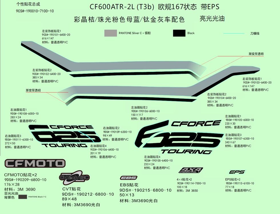 KITS D AUTOCOLANTS AVEC EPS LAVA ORANGE INJECTED PEARL BLUE TITANIUM GRAY POUR CFORCE 625 T3 EPS 2020