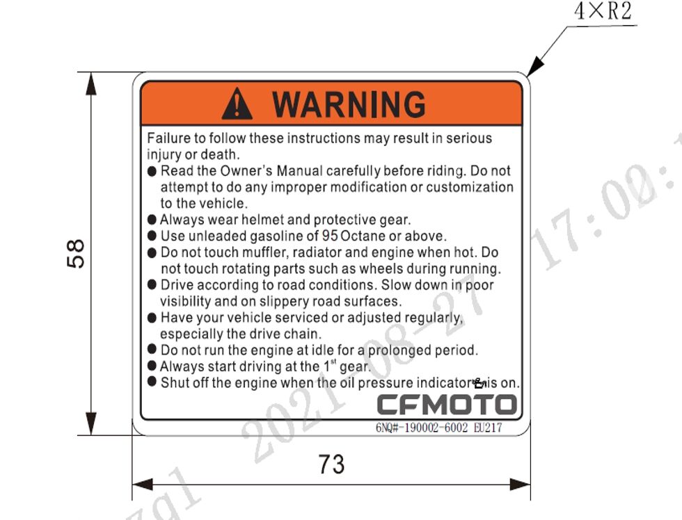 AUTOCOLLANT D AVERTISSEMENT POUR CF 450 SR 2024