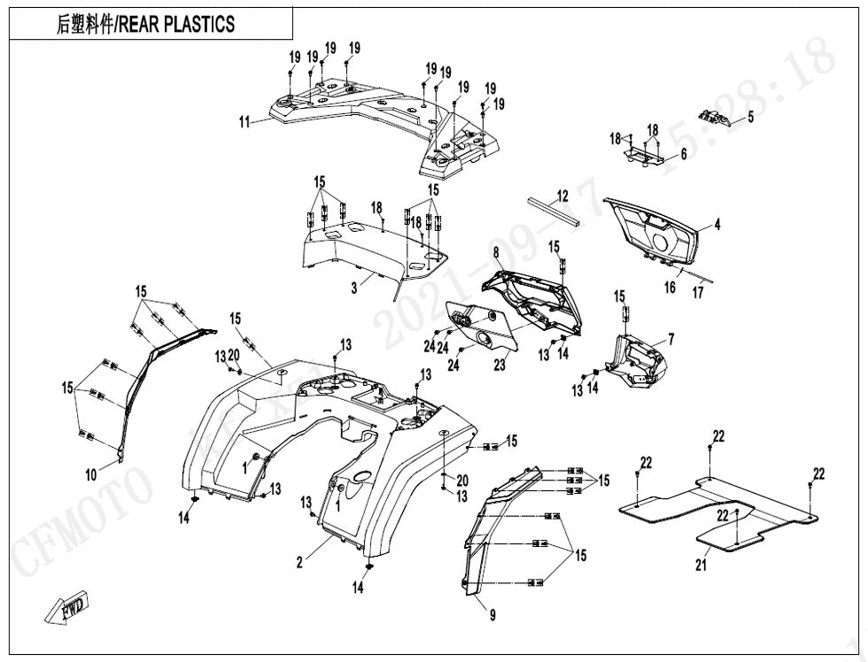 PLASTIQUES ARRIERES POUR CF 1000 T3 OVERLAND SANS DIFFERENTIEL ARRIERE 2024