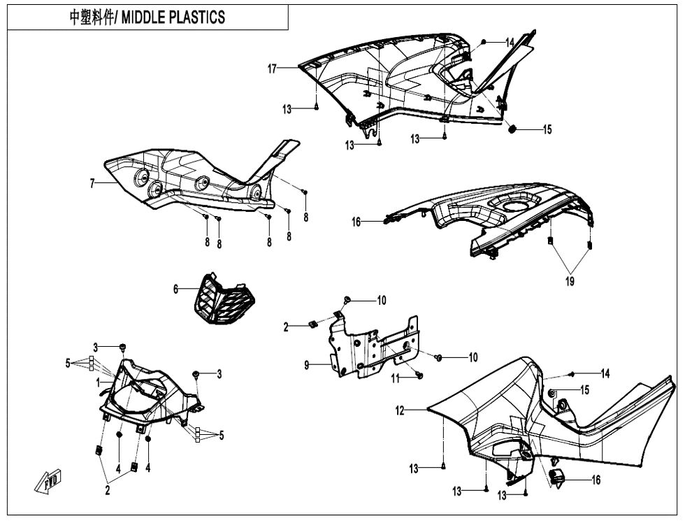PLASTIQUES CENTRAUX POUR CFORCE 450 T3 COURT BLUE LINE 2023
