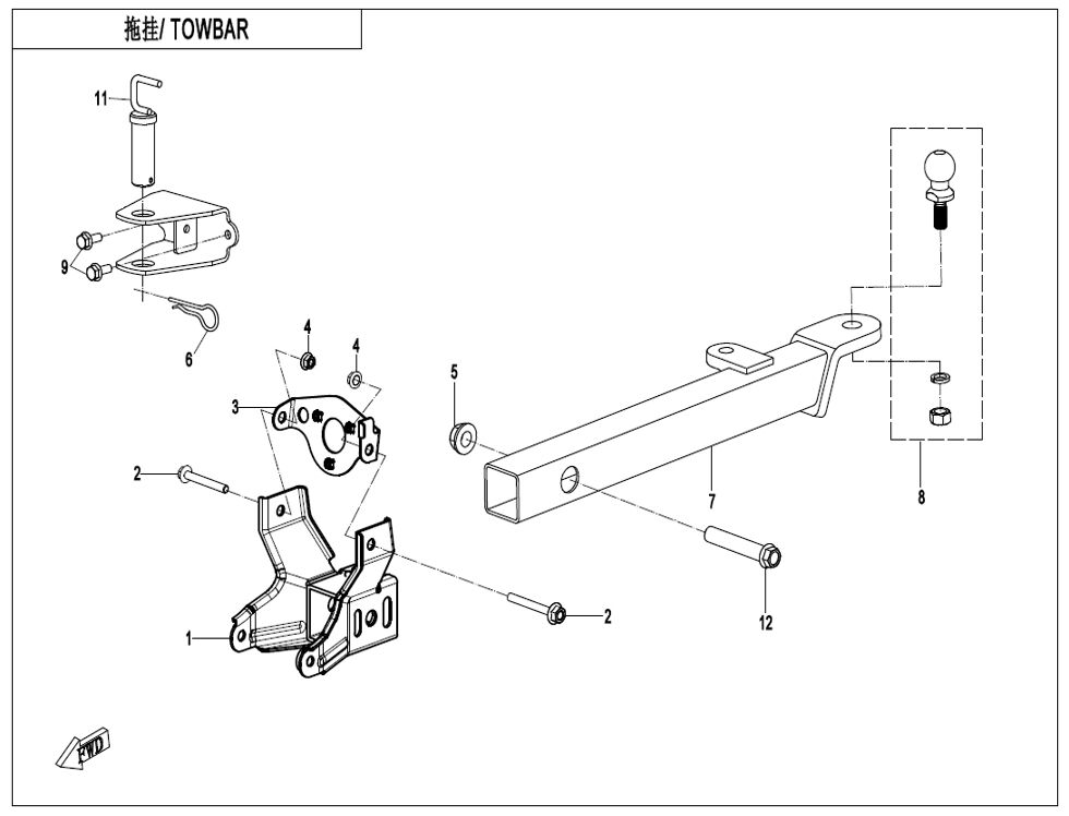 BARRE DE REMORQUAGE CONNEXION PAR BOULONS POUR CFORCE 450 T3 COURT 2 PLACES 2025