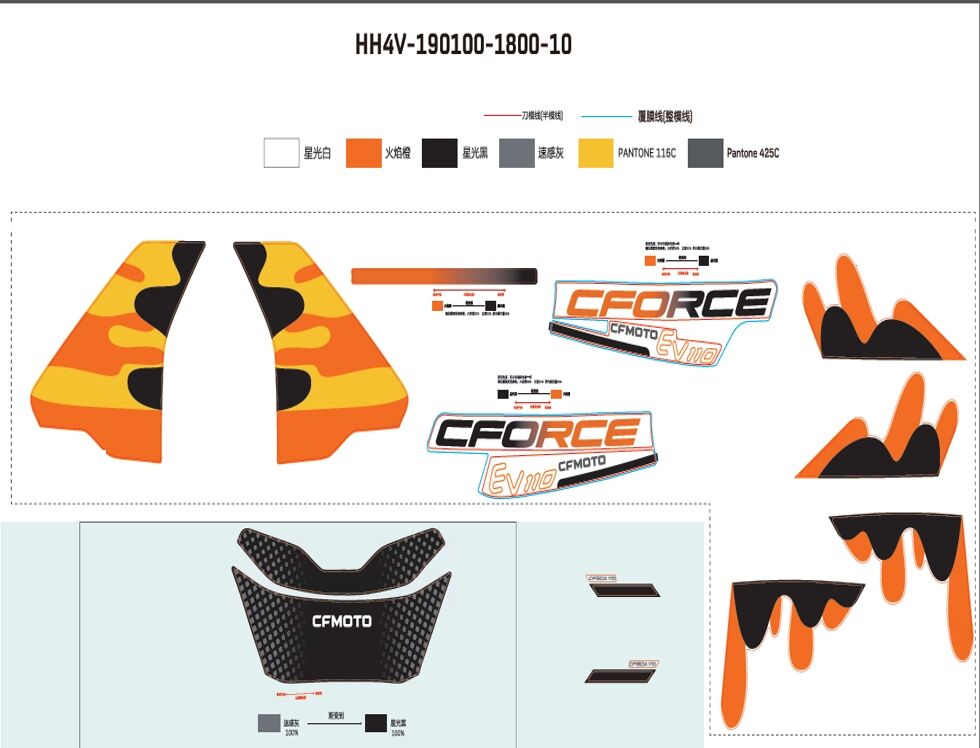 KITS D AUTOCOLLANTS EU ET INTERNATIONNAL LAVA ORANGE POUR CFORCE ENFANT ELECTRIQUE Y15 2025